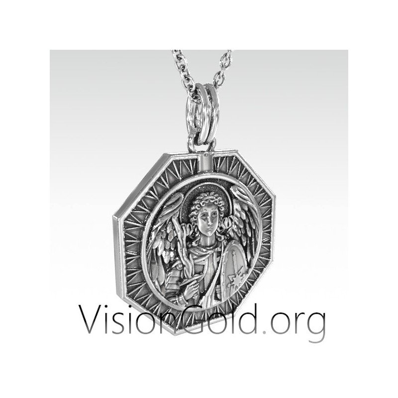 Archangel Saint Michael Silver Medallion, Orthodox Shield Archangel Pendant, St Micheal Necklace 0173