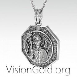 Archangel Saint Michael Silver Medallion, Orthodox Shield Archangel Pendant, St Micheal Necklace 0173