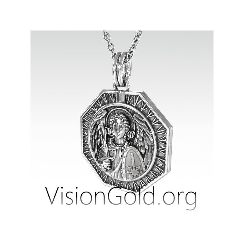 Archangel Saint Michael Silver Medallion, Orthodox Shield Archangel Pendant, St Micheal Necklace 0173