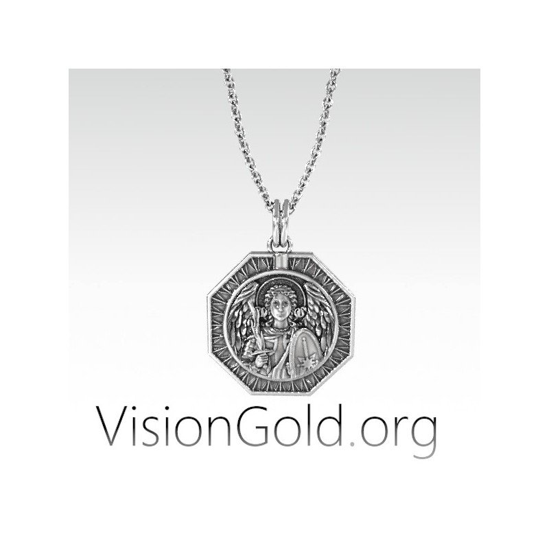 Archangel Saint Michael Silver Medallion, Orthodox Shield Archangel Pendant, St Micheal Necklace 0173