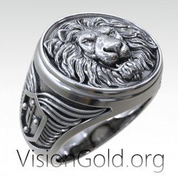 Handmade Wild Lion Silver Men Ring, Sterling Silver Lion Head