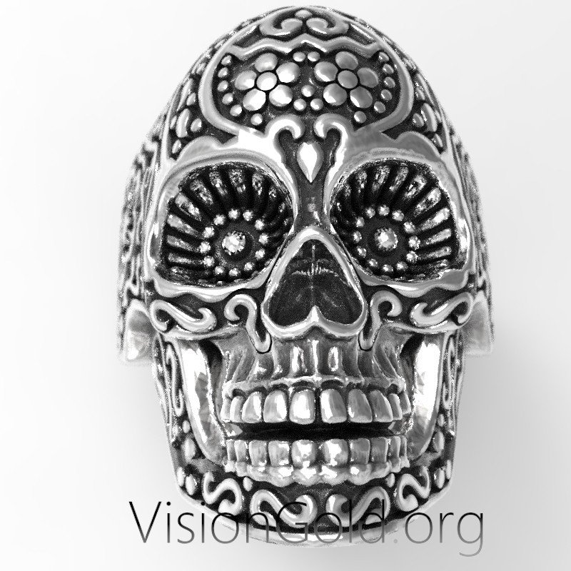 Unisex Sugar Skull Δαχτυλιδι Νεκροκεφαλη Με Artistic Λουλουδια