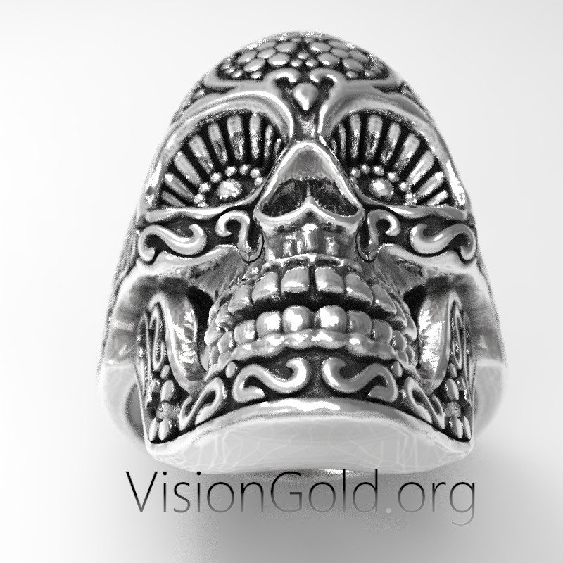 Anillo de calavera de azúcar unisex con flores artísticas 0583