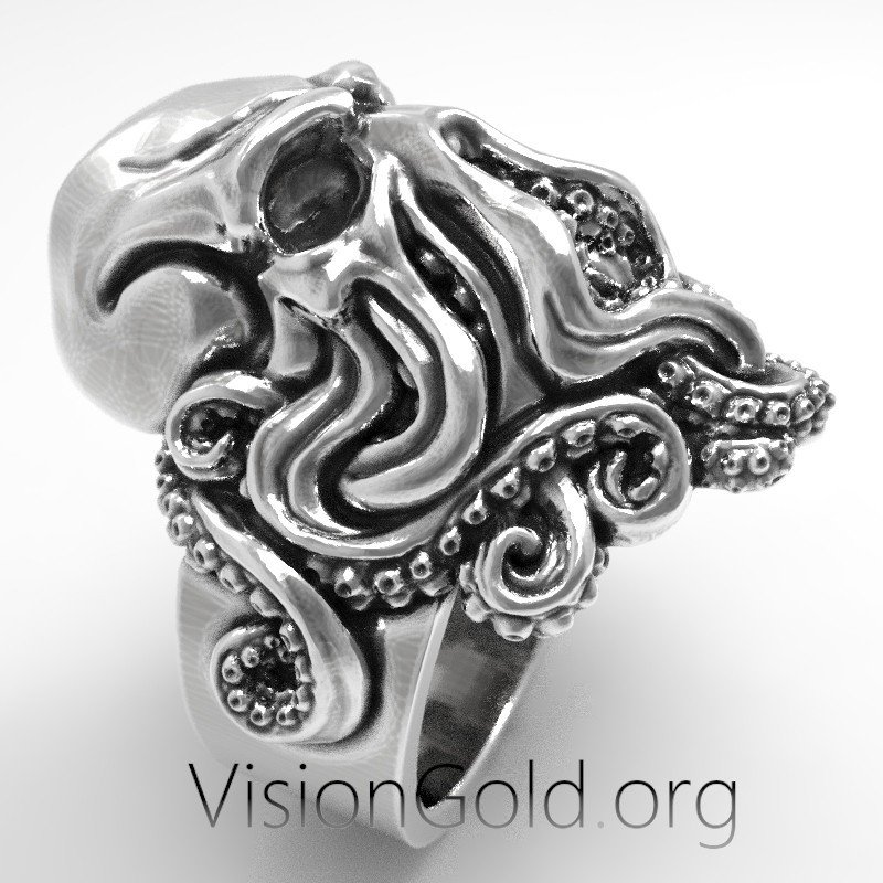 Anillo Unisex Gotico Punk Rock Calavera Con Pulpo - Anillos Especiales VisiongoldⓇ 0582