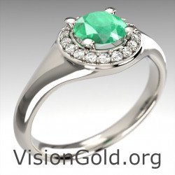 Anillo solitario de oro blanco asequible con esmeralda y diamante brillante|Visiongold® Emerald Jewelry 1059