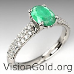 Anillo de diamante y esmeralda ovalada de oro blanco de 18 quilates|Visiongold® Emerald Jewelry 1050