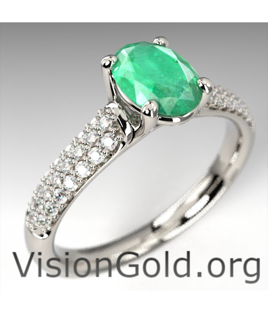 Anillo de diamante y esmeralda ovalada de oro blanco de 18 quilates|Visiongold® Emerald Jewelry 1050