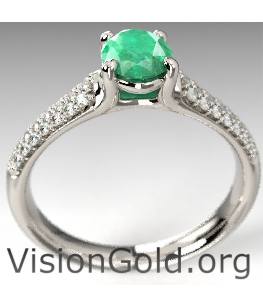 Anillo de diamante y esmeralda ovalada de oro blanco de 18 quilates|Visiongold® Emerald Jewelry 1050