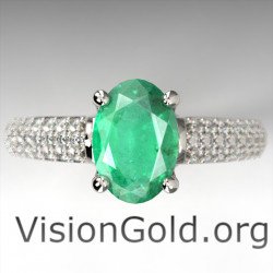 Anillo de diamante y esmeralda ovalada de oro blanco de 18 quilates|Visiongold® Emerald Jewelry 1050