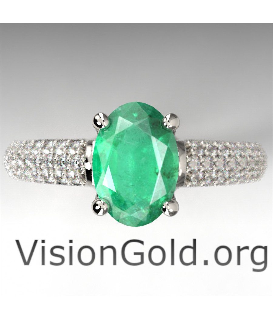 Anillo de diamante y esmeralda ovalada de oro blanco de 18 quilates|Visiongold® Emerald Jewelry 1050