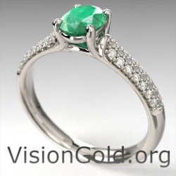 Anillo de diamante y esmeralda ovalada de oro blanco de 18 quilates|Visiongold® Emerald Jewelry 1050