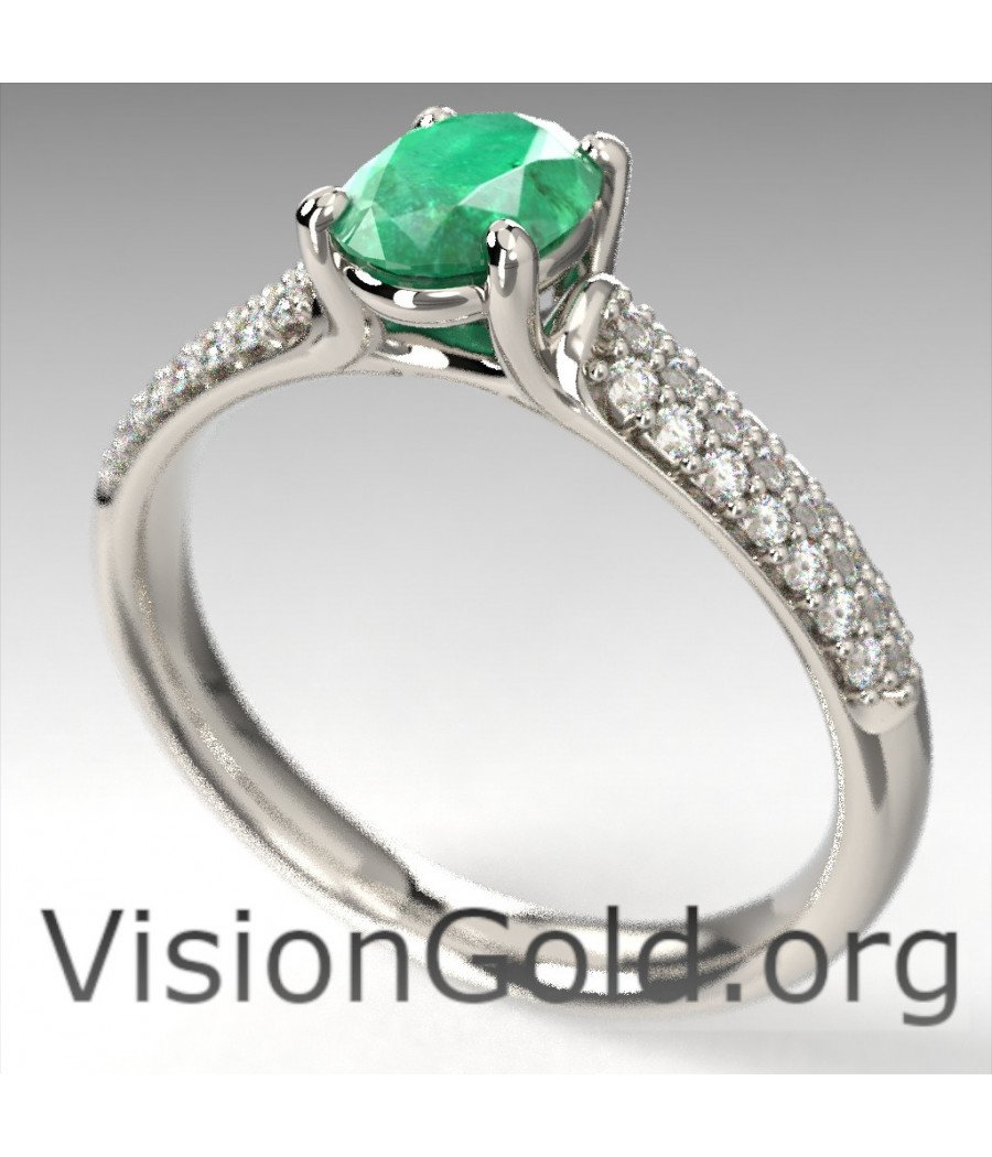 Anillo de diamante y esmeralda ovalada de oro blanco de 18 quilates|Visiongold® Emerald Jewelry 1050