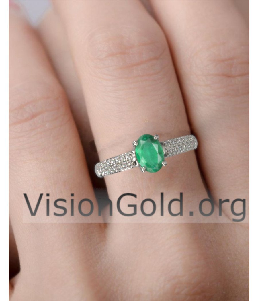 18K White Gold Oval Emerald And Diamond Ring|Visiongold®