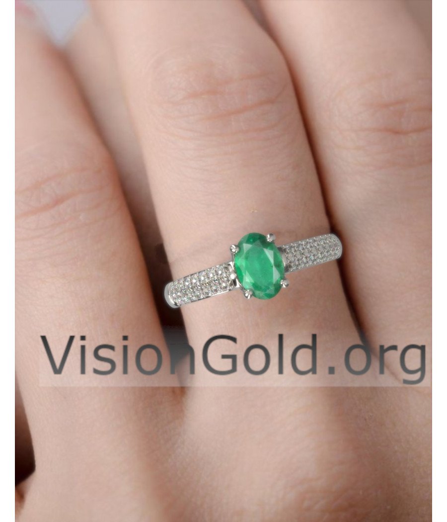 Anillo de diamante y esmeralda ovalada de oro blanco de 18 quilates|Visiongold® Emerald Jewelry 1050