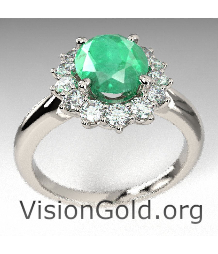 Anillo de oro blanco con esmeralda y rosetón de diamantes|Visiongold® Emerald Jewelry 1195