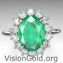 Anillo de oro blanco con esmeralda y rosetón de diamantes|Visiongold® Emerald Jewelry 1195