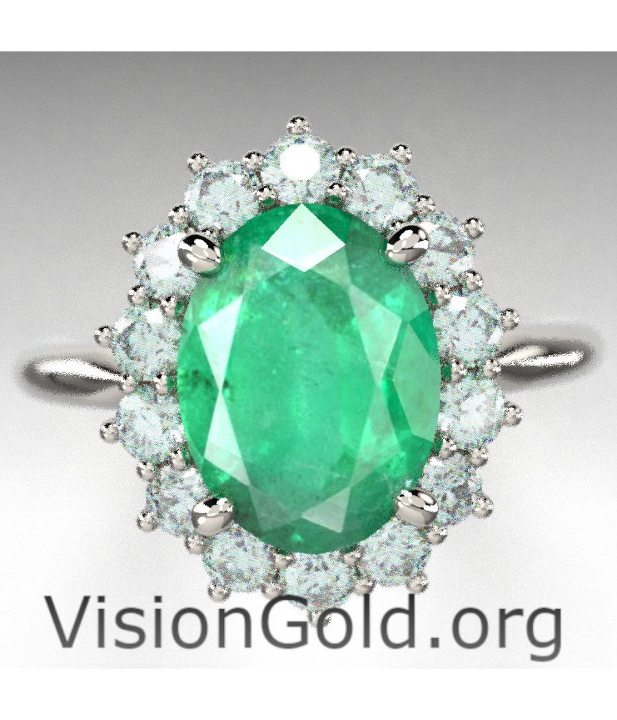 White Gold Emerald And Diamond Rosette Ring|Visiongold® Emerald