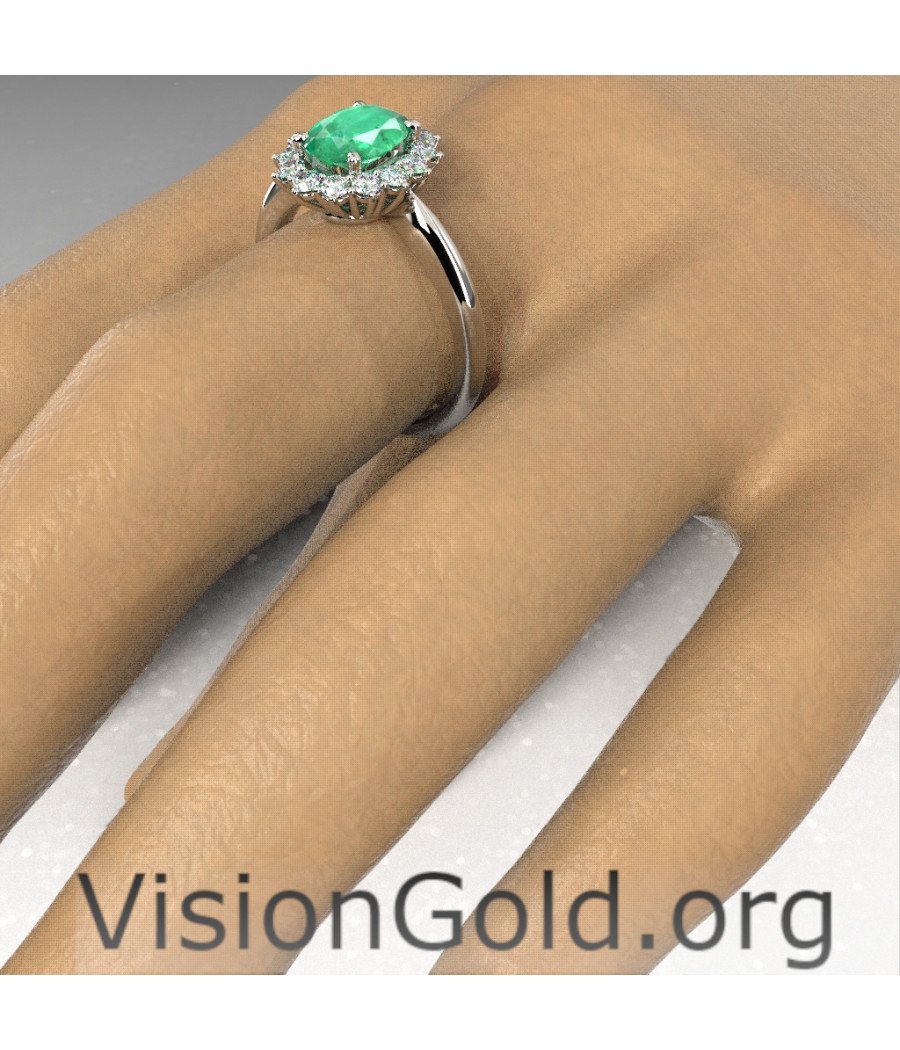 Anillo de oro blanco con esmeralda y rosetón de diamantes|Visiongold® Emerald Jewelry 1195