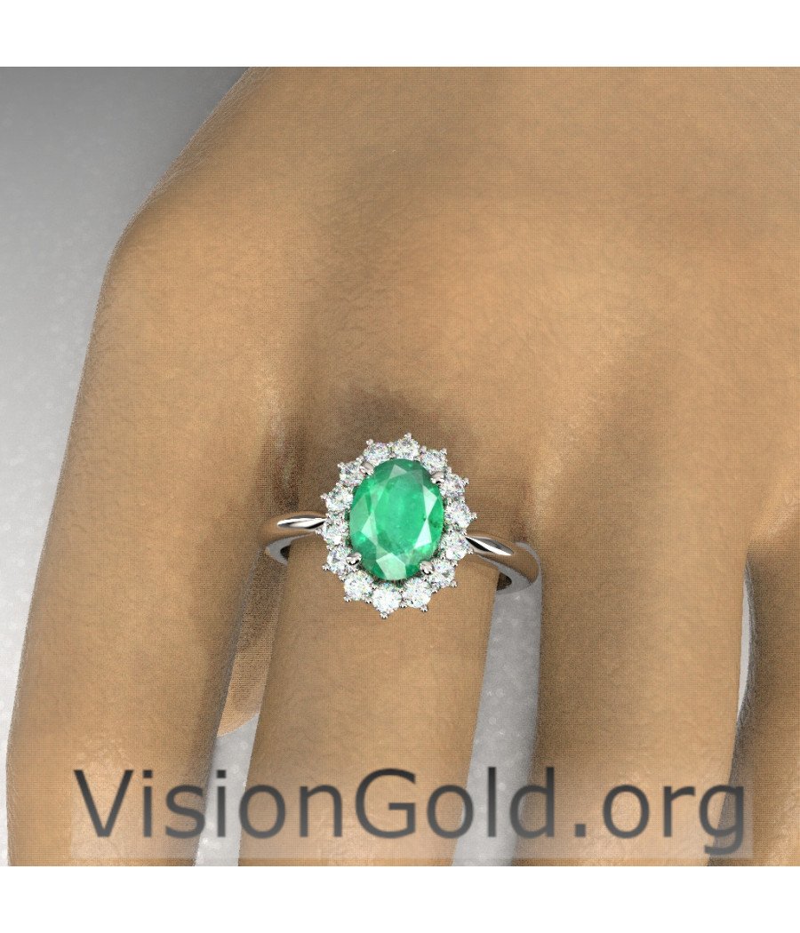 Anillo de oro blanco con esmeralda y rosetón de diamantes|Visiongold® Emerald Jewelry 1195