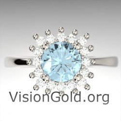 Anillo de aguamarina y rosetón de diamantes brillantes|VisionGold® Aquamarine Jewelry 1186