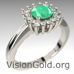 White Gold Emerald And Brilliant Diamond Rosette Ring|Visiongold® Emerald Rings 1186