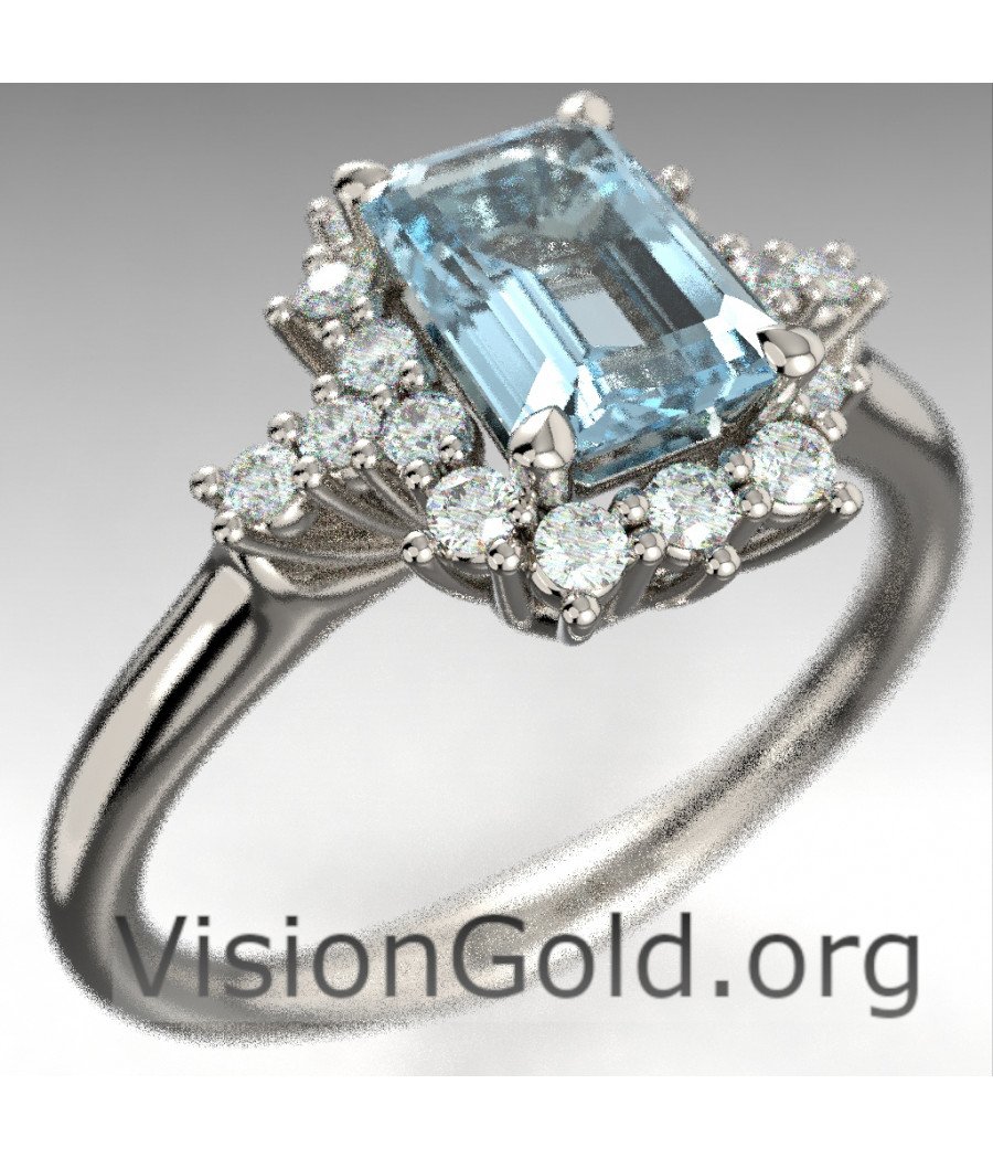 Δαχτυλίδι Με Μπριγιάν Διαμάντια Και Ακουαμαρίνα Emerald Cut 1200