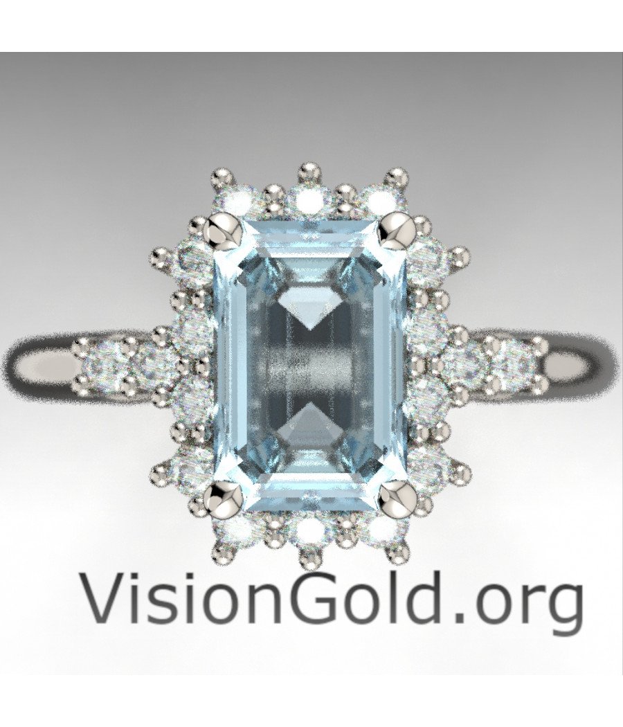 Ring With Brilliant Diamonds And Aquamarine Emerald Cut 1200