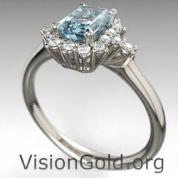 Δαχτυλίδι Με Μπριγιάν Διαμάντια Και Ακουαμαρίνα Emerald Cut 1200
