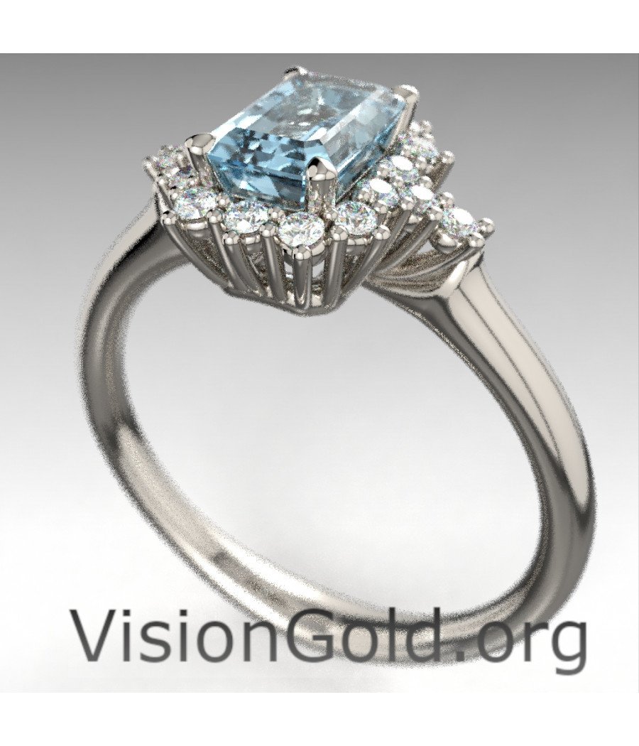 Ring With Brilliant Diamonds And Aquamarine Emerald Cut 1200