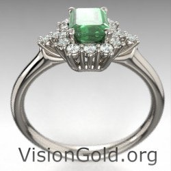 Anillo de esmeralda de talla esmeralda con diamantes brillantes |Anillos de esmeralda para mujer Visiongold® 1200