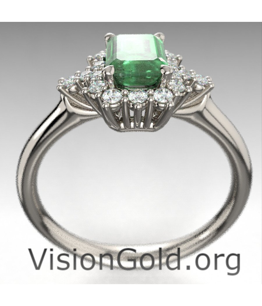 Anillo de esmeralda de talla esmeralda con diamantes brillantes |Anillos de esmeralda para mujer Visiongold® 1200