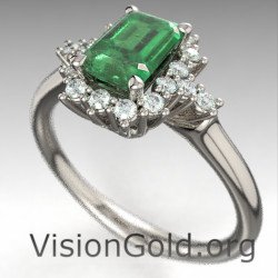 Δαχτυλίδι Με Σμαράγδι Emerald Cut Και Μπριγιάν Διαμάντια