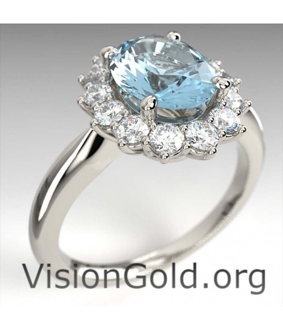 Λευκόχρυσο Κ18 Δαχτυλίδι Ροζέτα Με Ακουαμαρίνα Και Μπριγιάν