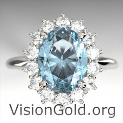 Anillo de roseta de diamantes brillantes y aguamarina de oro blanco de 18 quilates|Anillos de aguamarina Visiongold® 1195