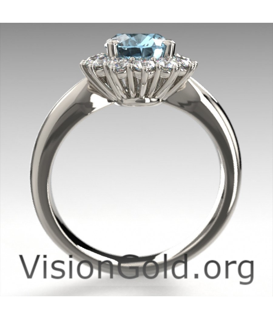 Anillo de roseta de diamantes brillantes y aguamarina de oro blanco de 18 quilates|Anillos de aguamarina Visiongold® 1195
