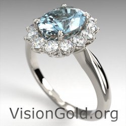 Λευκόχρυσο Κ18 Δαχτυλίδι Ροζέτα Με Ακουαμαρίνα Και Μπριγιάν