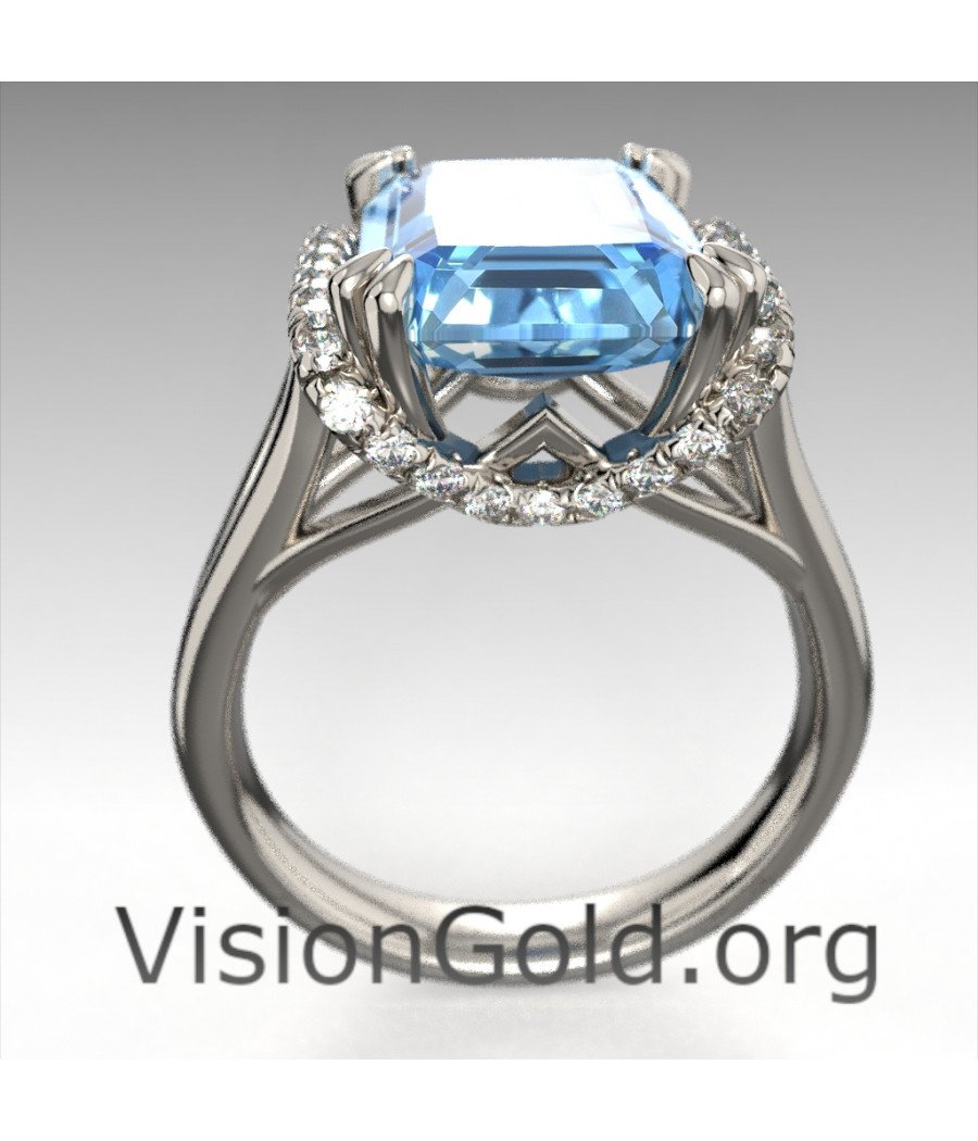 Aquamarine Ring Emerald Cut With Brilliant Diamonds 0453