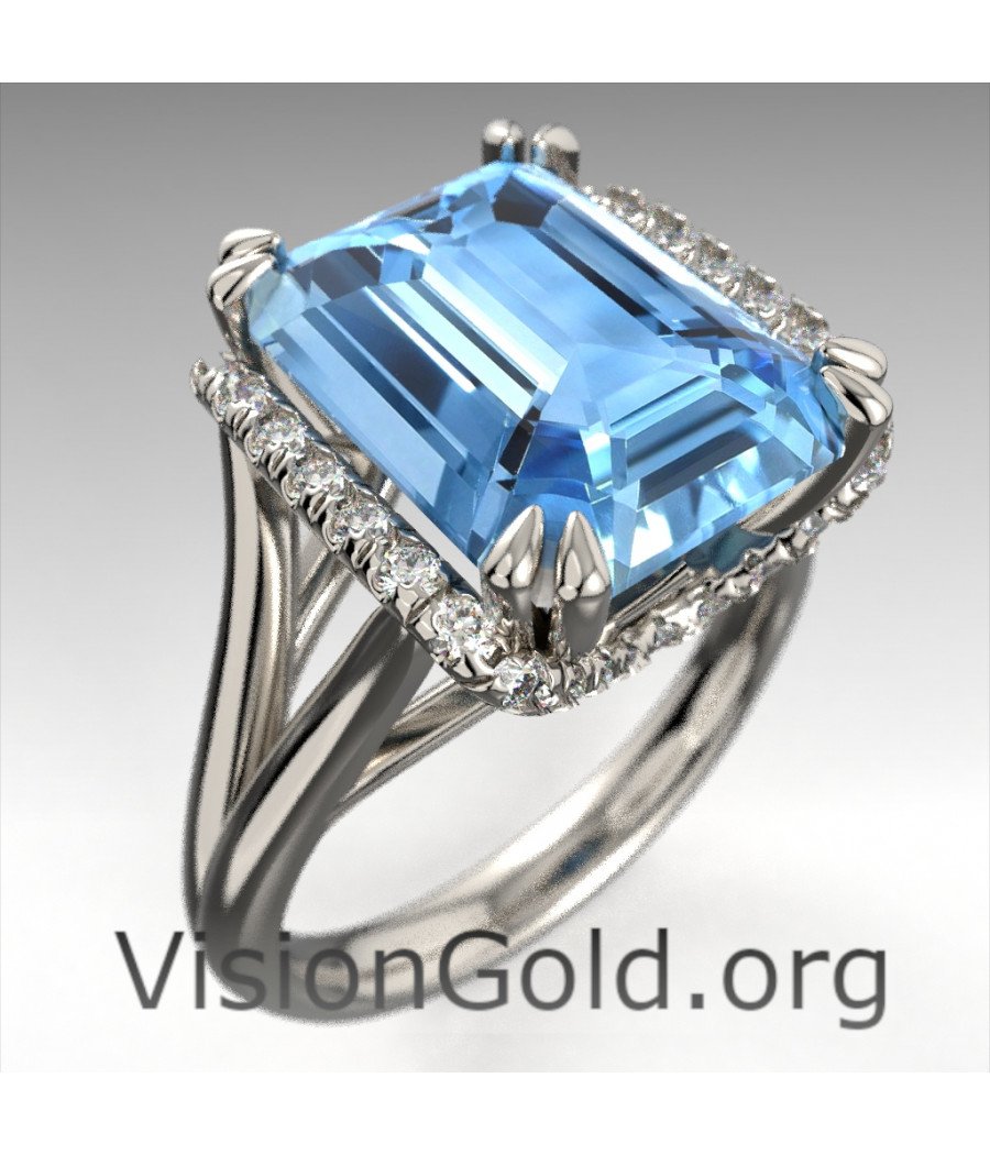Ακουαμαρίνα Δαχτυλίδι Σε Emerald Cut κοπή Με Μπριγιάν Διαμάντια