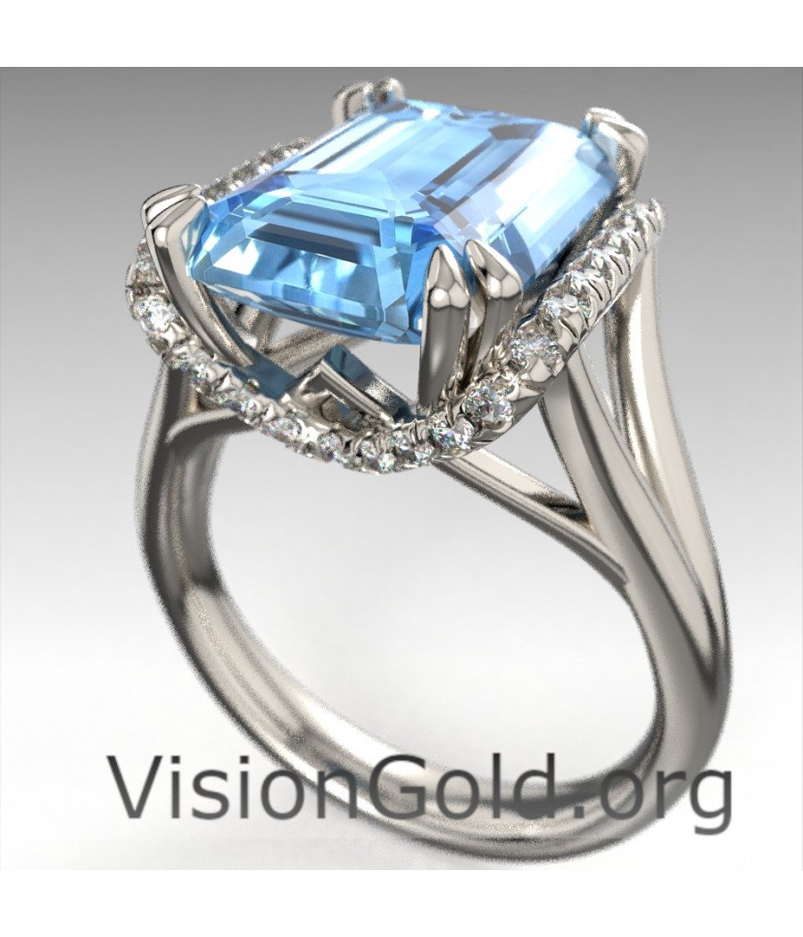 Aquamarine Ring Emerald Cut With Brilliant Diamonds 0453