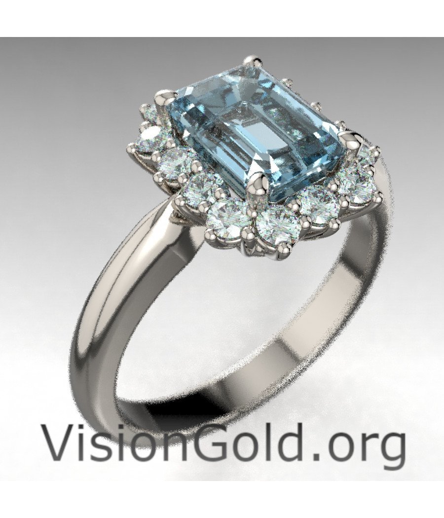 Λευκόχρυσο Δαχτυλίδι Ροζέτα Με Ακουαμαρίνα Και Μπριγιάν