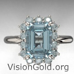 Λευκόχρυσο Δαχτυλίδι Ροζέτα Με Ακουαμαρίνα Και Μπριγιάν