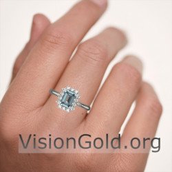 White Gold Rosette Ring With Aquamarine And Brilliant Diamonds
