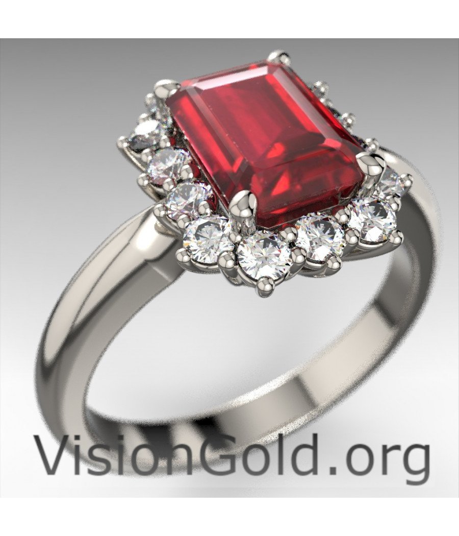 Anillo Rosetón de Oro Blanco con Rubí y Diamantes Brillantes|Visiongold® Ruby Rings 1203