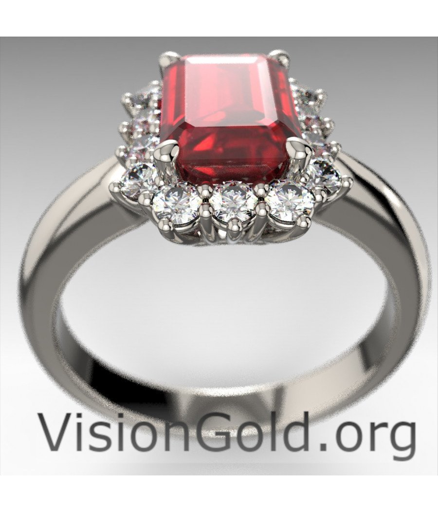 Anillo Rosetón de Oro Blanco con Rubí y Diamantes Brillantes|Visiongold® Ruby Rings 1203