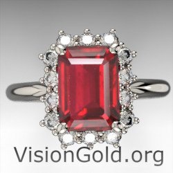 Λευκόχρυσο Δαχτυλίδι Ροζέτα Με Ρουμπίνι Και Μπριγιάν