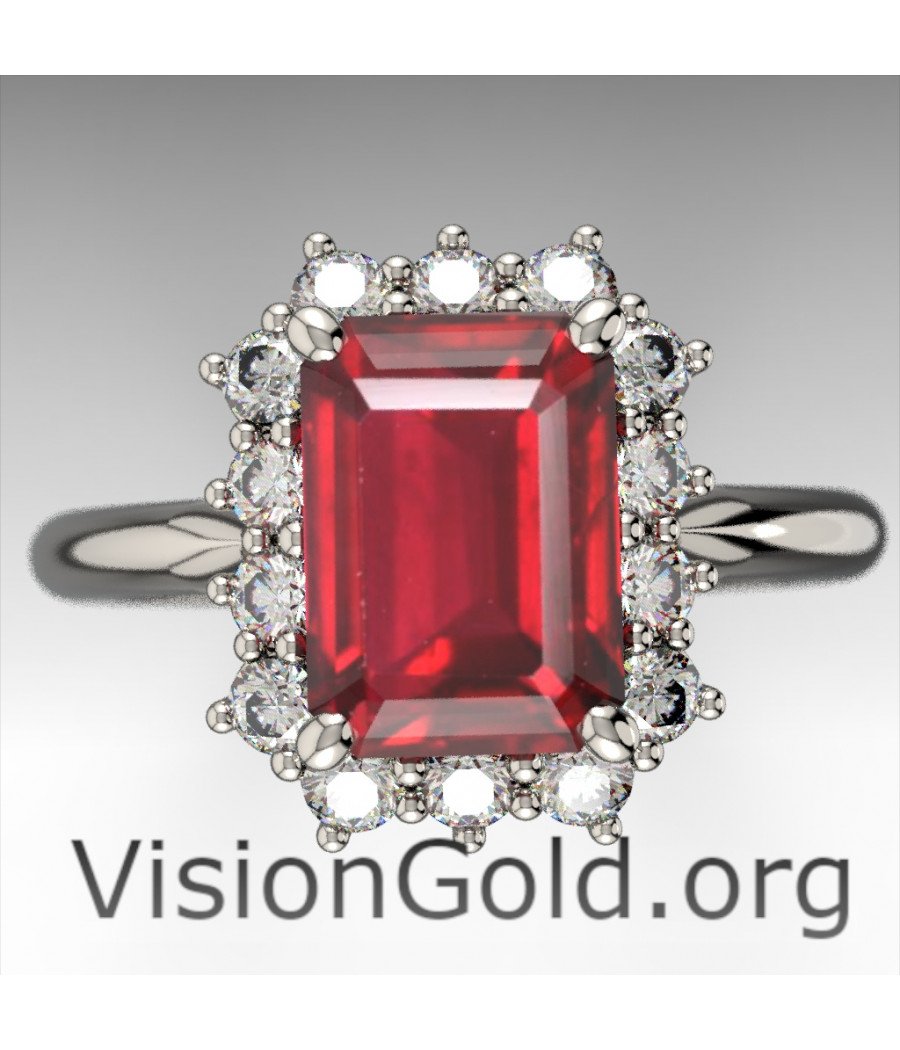 Anillo Rosetón de Oro Blanco con Rubí y Diamantes Brillantes|Visiongold® Ruby Rings 1203