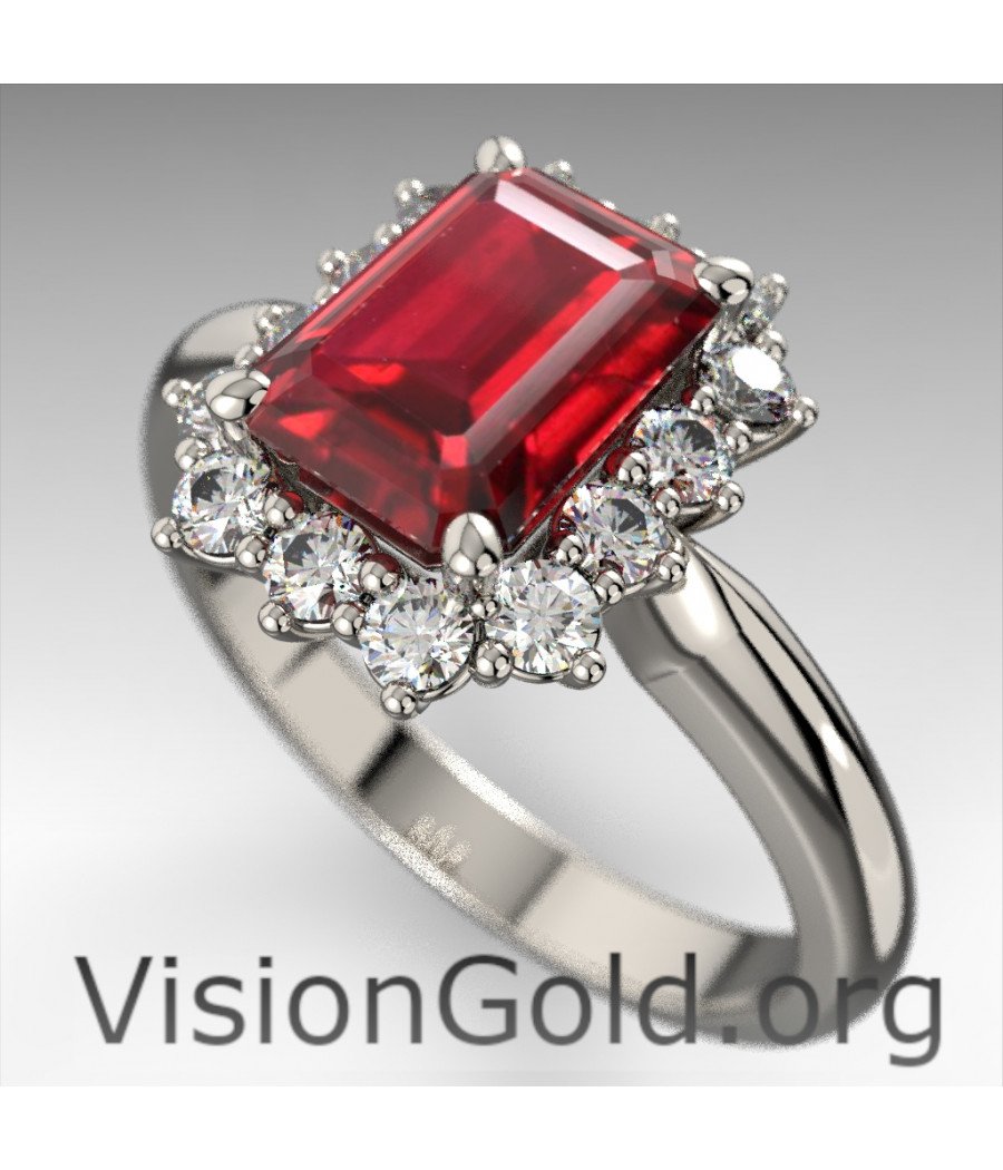 Anillo Rosetón de Oro Blanco con Rubí y Diamantes Brillantes|Visiongold® Ruby Rings 1203