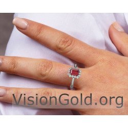 Anillo Rosetón de Oro Blanco con Rubí y Diamantes Brillantes|Visiongold® Ruby Rings 1203