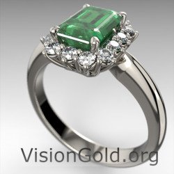 Anillo de esmeralda de oro blanco y rosetón de diamantes brillantes|Anillos de esmeralda Visiongold® 1203