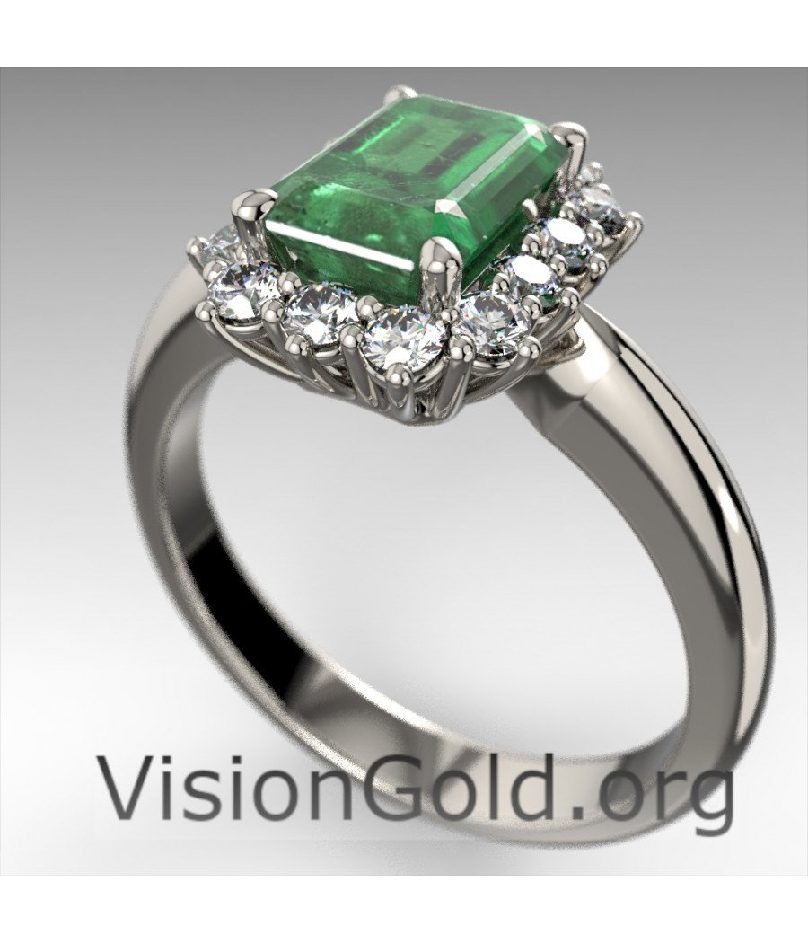 Anillo de esmeralda de oro blanco y rosetón de diamantes brillantes|Anillos de esmeralda Visiongold® 1203